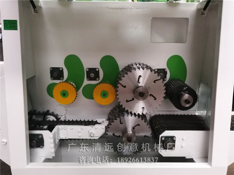 圓木多片鋸內(nèi)倉結(jié)構(gòu)，采用上下軸多片鋸，超薄鋸片